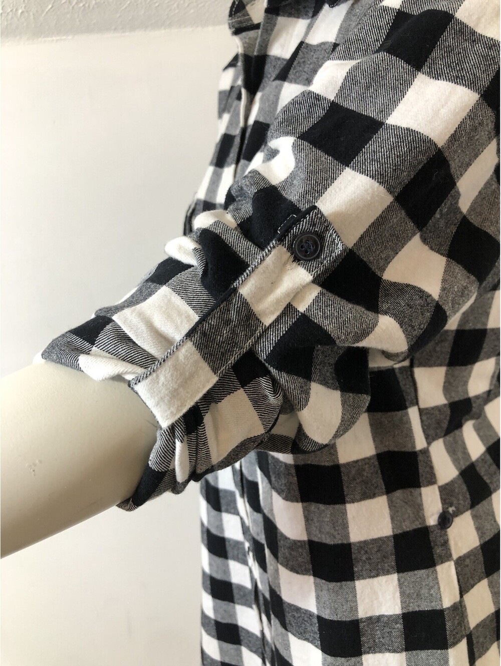 Matchstick Womens Medium Flannel Shirt Black White Buffalo Check Roll Tab Sleeve - Picture 7 of 9